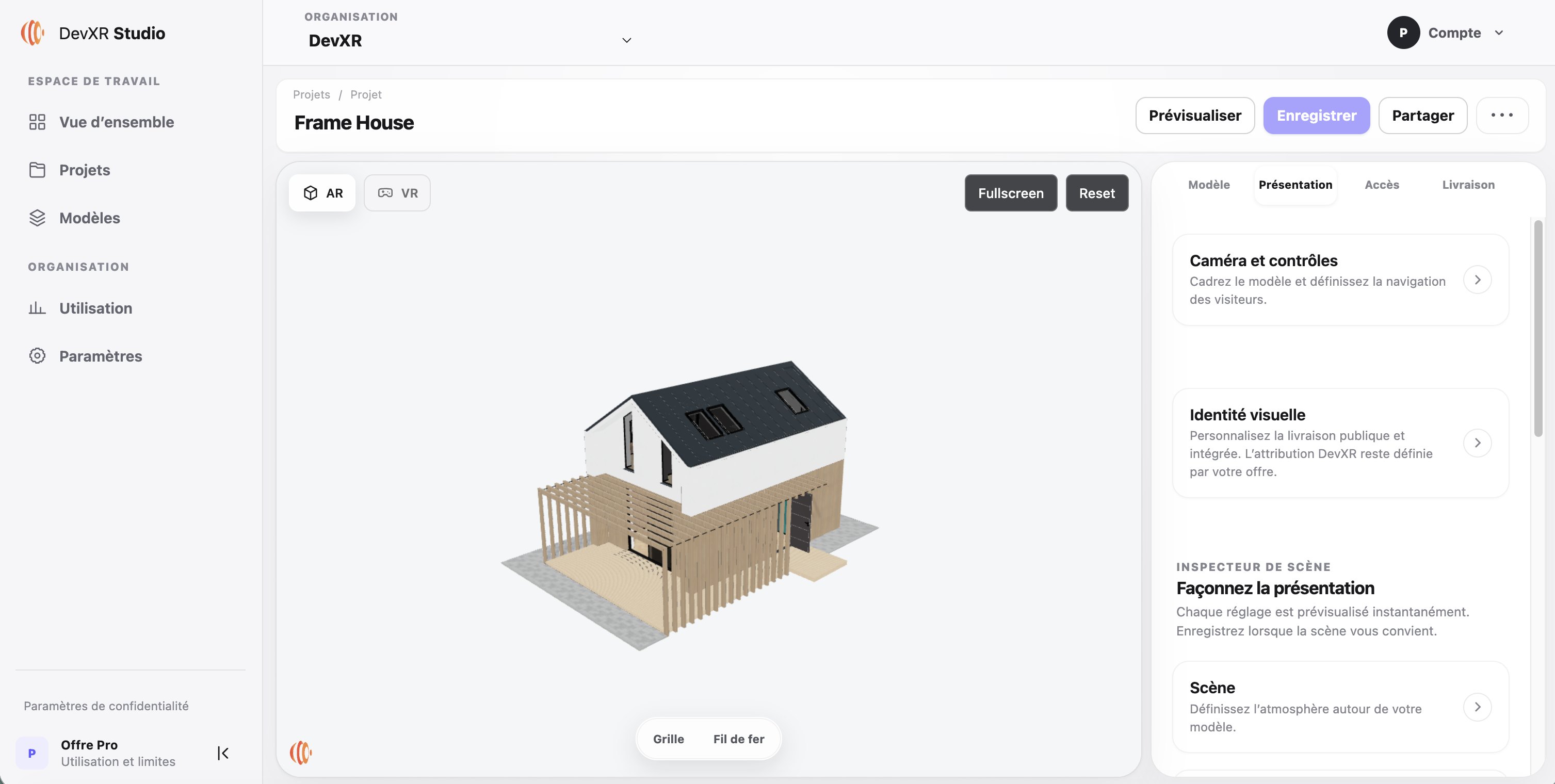 DevXR Studio capture showing Frame House, presentation settings and the Save and Share actions.