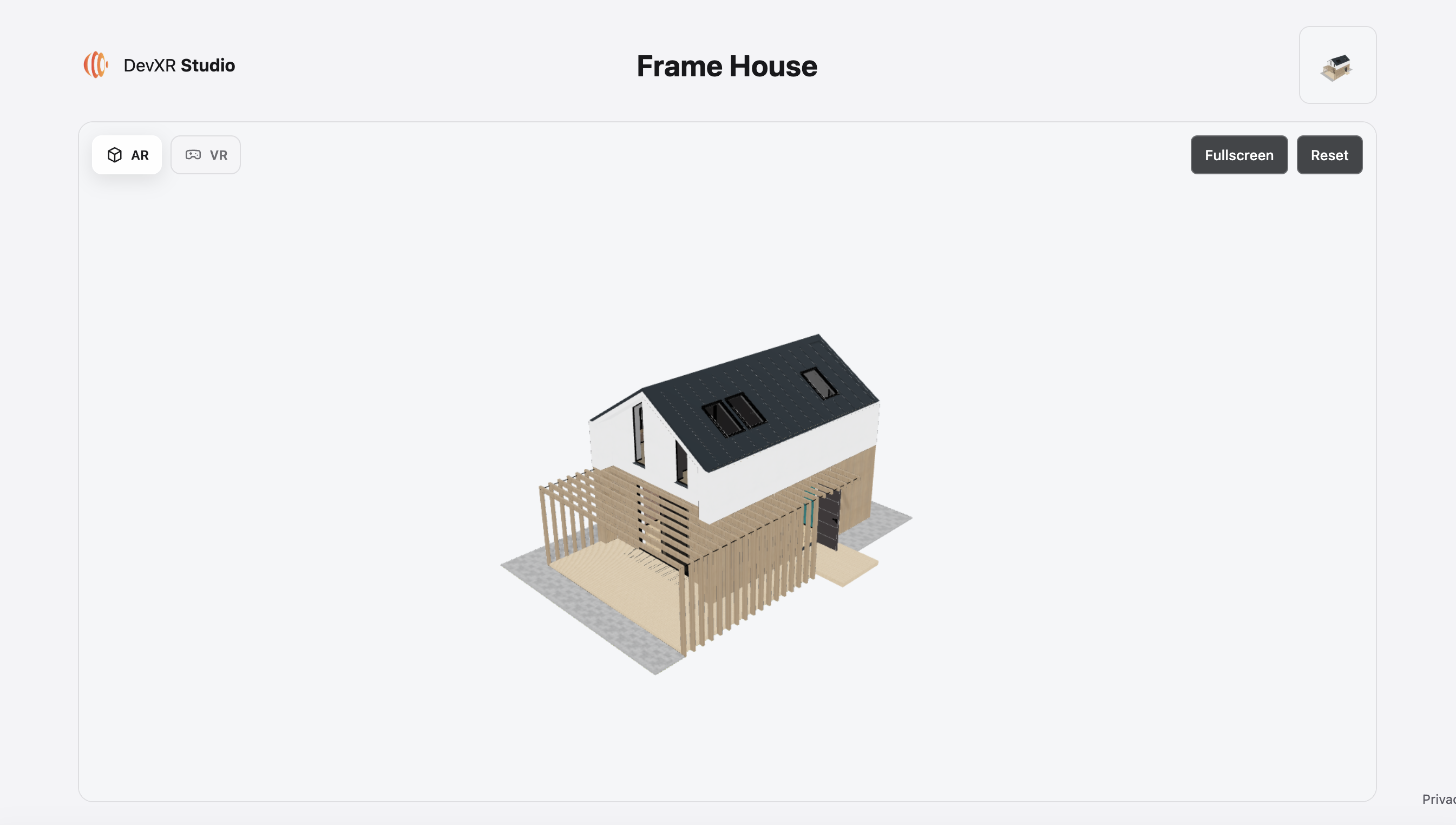 Capture du viewer DevXR présentant la maison Frame House, ses façades et sa toiture.
